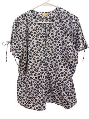 Mimi & Daphne Stitch Fix Navy Ivory Floral Print Button Peplum Tie SleeveTop XL